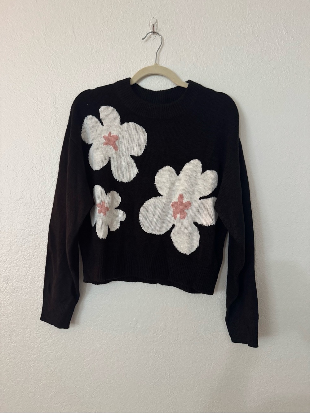 Women's Black Crewneck Sweater with White and Pink Flowers